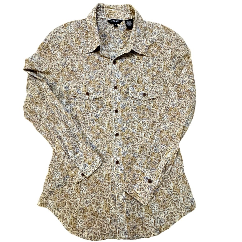 NYBASED Mens Small Tan Brown‎ Floral Cotton Button Down Shirt Long Sleeve
